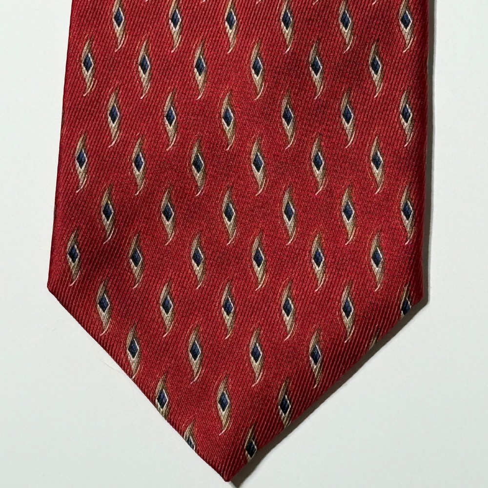 JZ Richards Parisian Mens Silk Tie Red Geometric Diamond Pattern Made in USA